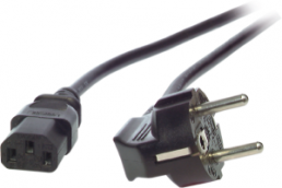 Power cord, Europe, plug type E + F, angled on C13 jack, straight, H05VV-F3G0.75mm², black, 2 m