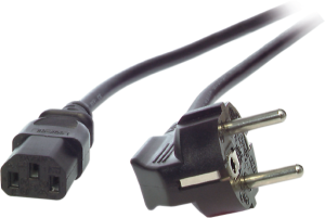 Power cord, Europe, plug type E + F, angled on C13 jack, straight, H05VV-F3G0.75mm², black, 1 m