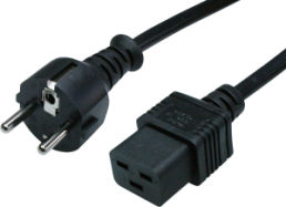 Device connection line, Europe, plug type E + F, straight on C19 jack, straight, H05VV-F3G1.5mm², black, 2 m
