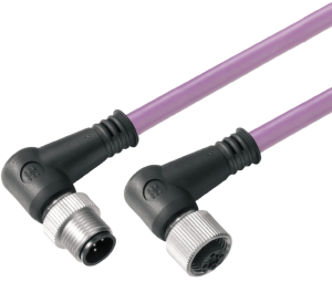 Bus line, M12-plug, straight to M12-plug, angled, PUR, 0.5 m, purple