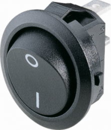 Rocker switch, black, 1 pole, On-On, Changeover switch, 10 (4) A/250 VAC, 6 (4) A/250 VAC, IP40, unlit, printed