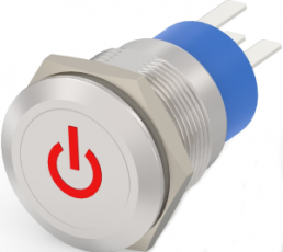 Pushbutton switch, 1 pole, silver, illuminated  (red), 5 A/250 V, mounting Ø 19.2 mm, IP67, 2-2213766-7