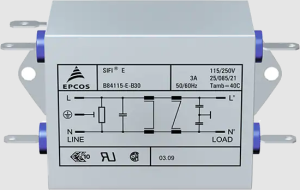 EMC filter, 50 to 60 Hz, 6 A, 250 V (DC), 250 VAC, 100 µH, faston plug 6.3 mm, B84115E0000B060