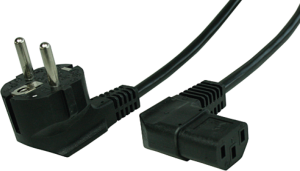 Device connection line, Europe, plug type E + F, angled on C13 jack, angled, H05VV-F3G0.75mm², black, 1.5 m