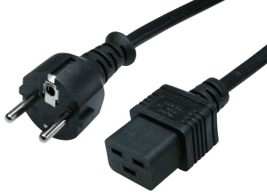 Power cord, Europe, Plug Type E + F, straight on C19-connector, straight, H05VV-F3G1.5mm², black, 2 m