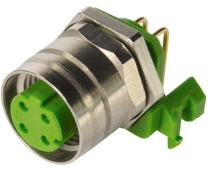 Panel socket, M12, 4 pole, solder connection, screw lock/push-pull, angled, 21433714451