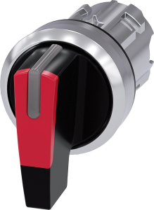 Toggle switch, illuminable, latching/groping, waistband round, red, front ring silver, 2 x 45°, mounting Ø 22.3 mm, 3SU1052-2CP20-0AA0