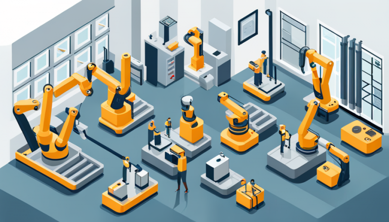 Trends in Robotics - an graphic illustration of robots working with humans in a factory