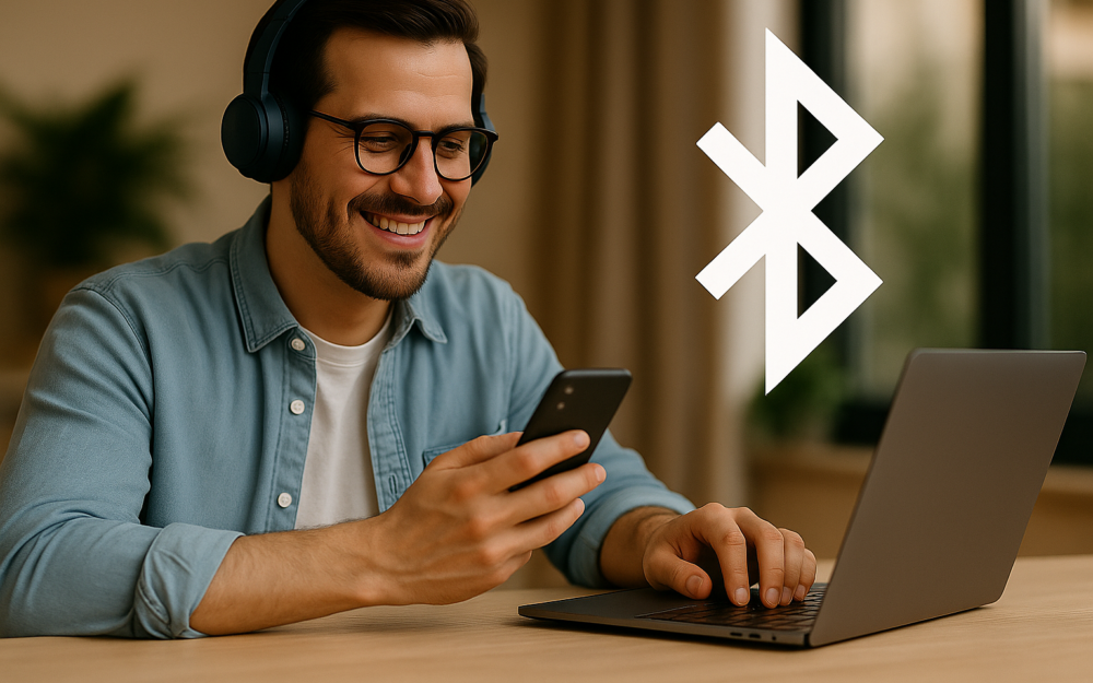 Man wearing Bluetooth headphones using smartphone and laptop in a bright home office – symbolizing wireless Bluetooth technology, smart devices, and seamless digital connectivity