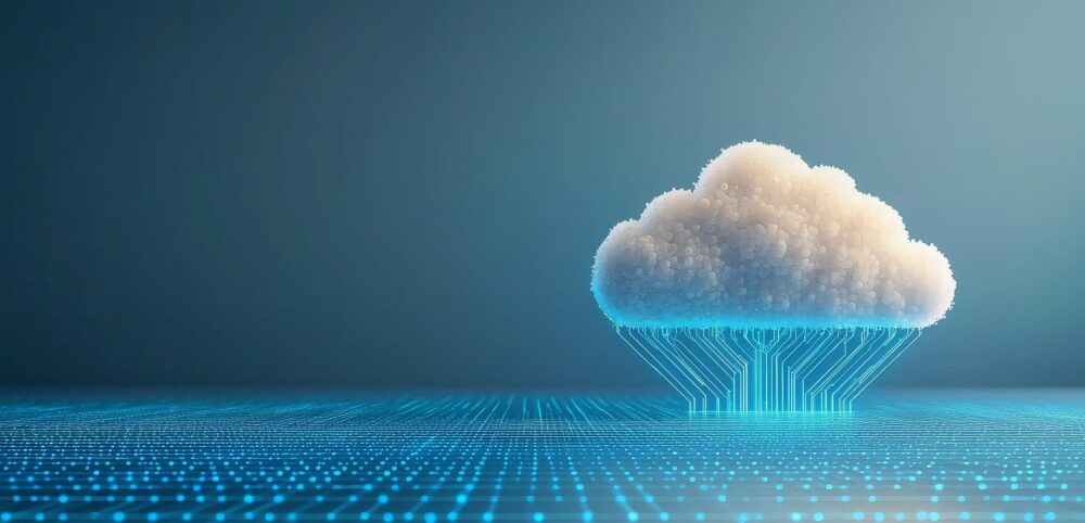 A digital cloud sits atop a glowing grid, representing cloud computing and data flow in a modern tech landscape.