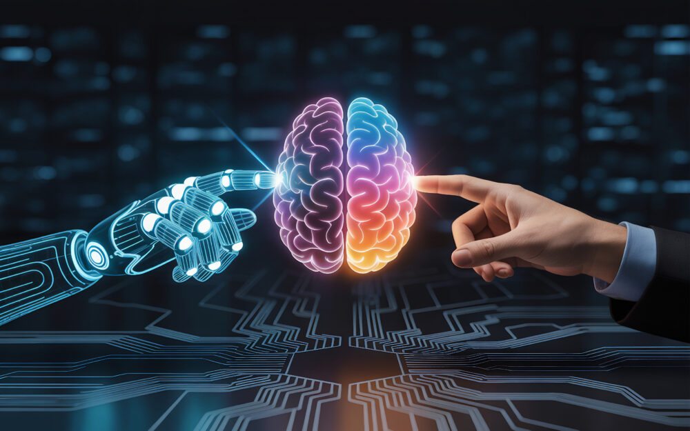 Machine learning - Robotic hand human finger touching glowing brain circuit board artificial intelligence