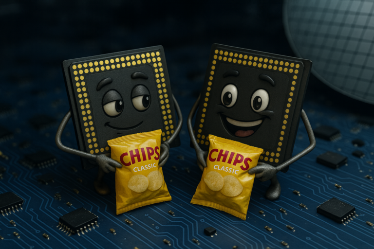 Two cartoon-style microchip characters with arms and faces stand on a circuit board, each holding a yellow bag of chips in their hands. The chips are labeled ‘Chips Classic’. The two characters look at each other in a friendly and cheerful way, surrounded by electronic components.